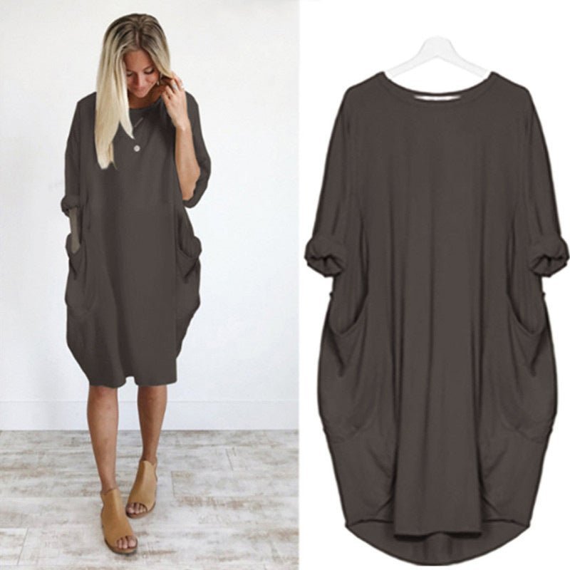 Plus Size Kjole med Lommer Løs Pasform Elegant Stil - Dark Brown