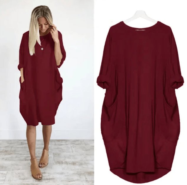 Plus Size Kjole med Lommer Løs Pasform Elegant Stil - Dark Red