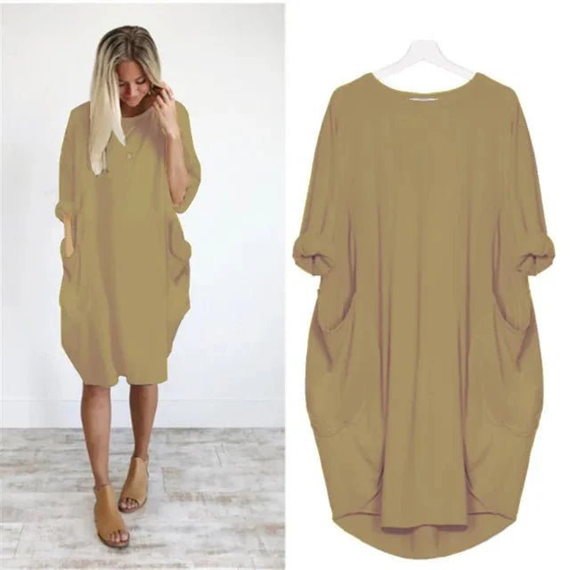 Plus Size Kjole med Lommer Løs Pasform Elegant Stil - Khaki