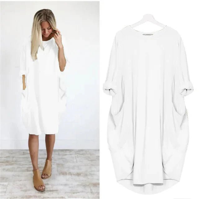 Plus Size Kjole med Lommer Løs Pasform Elegant Stil - White