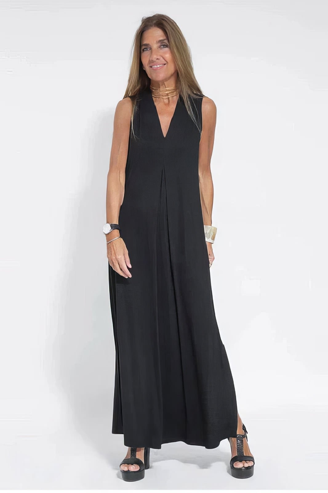 Plus Size Lang Kjole V-udskæring Elegant Ærmeløs - Black