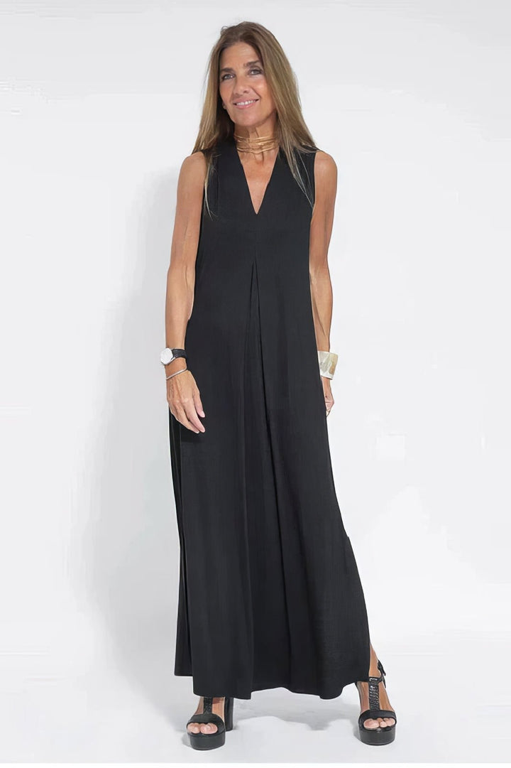 Plus Size Lang Kjole V-udskæring Elegant Ærmeløs - Black
