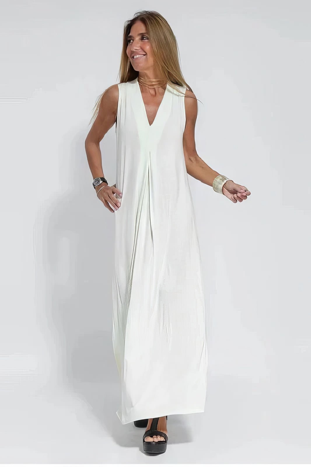 Plus Size Lang Kjole V-udskæring Elegant Ærmeløs - White