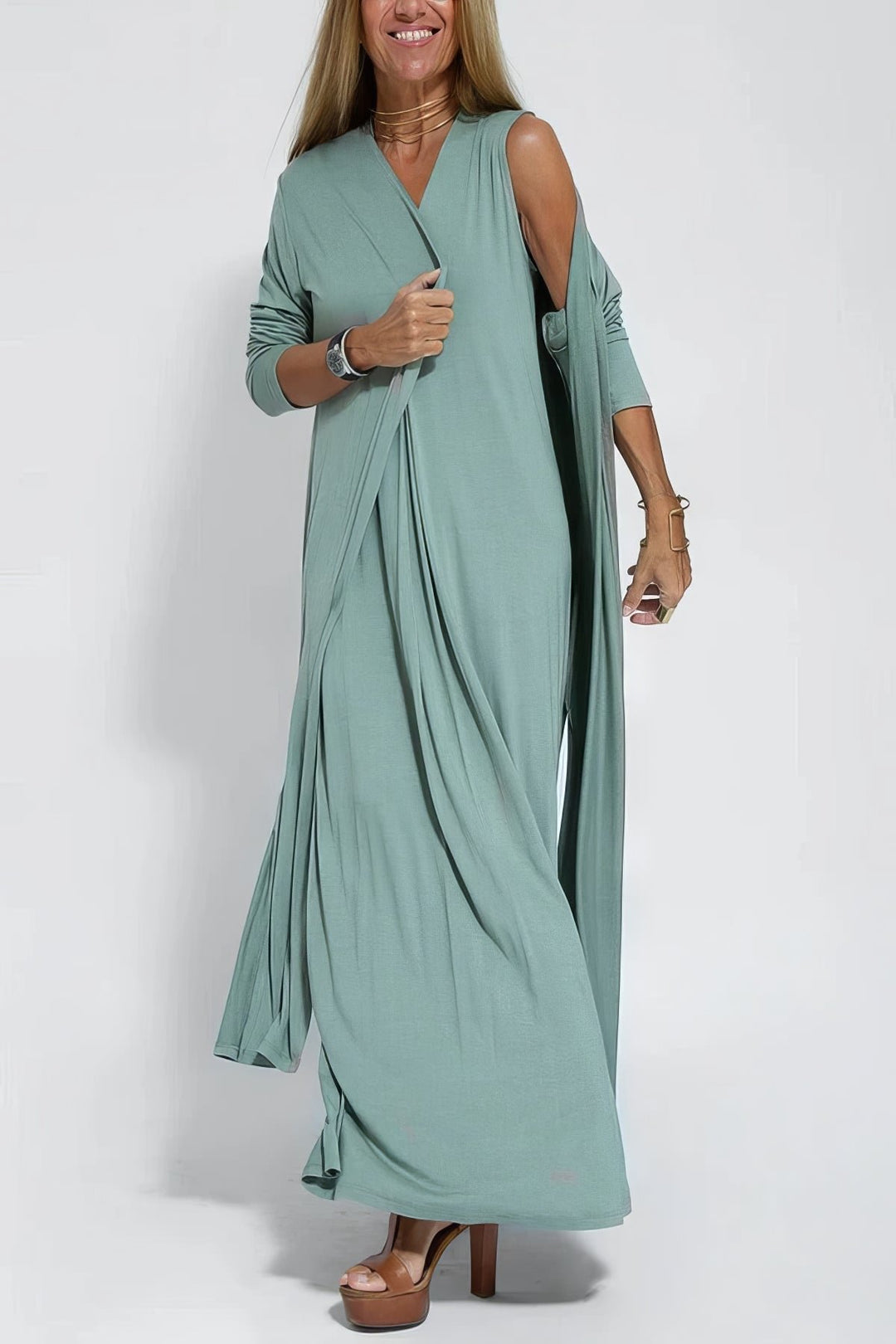Plus Size Lang Kjole V-udskæring Elegant Ærmeløs