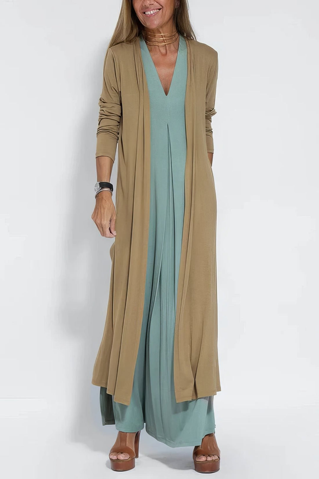 Plus Size Lang Kjole V-udskæring Elegant Ærmeløs