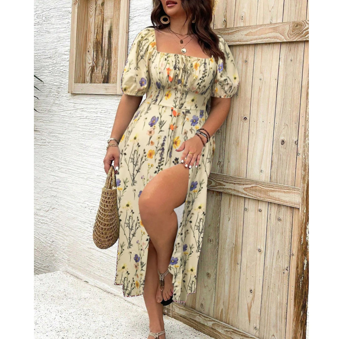 Plus Size Maxi Kjole Pufærmer Elegant Selskabskjole - Apricot
