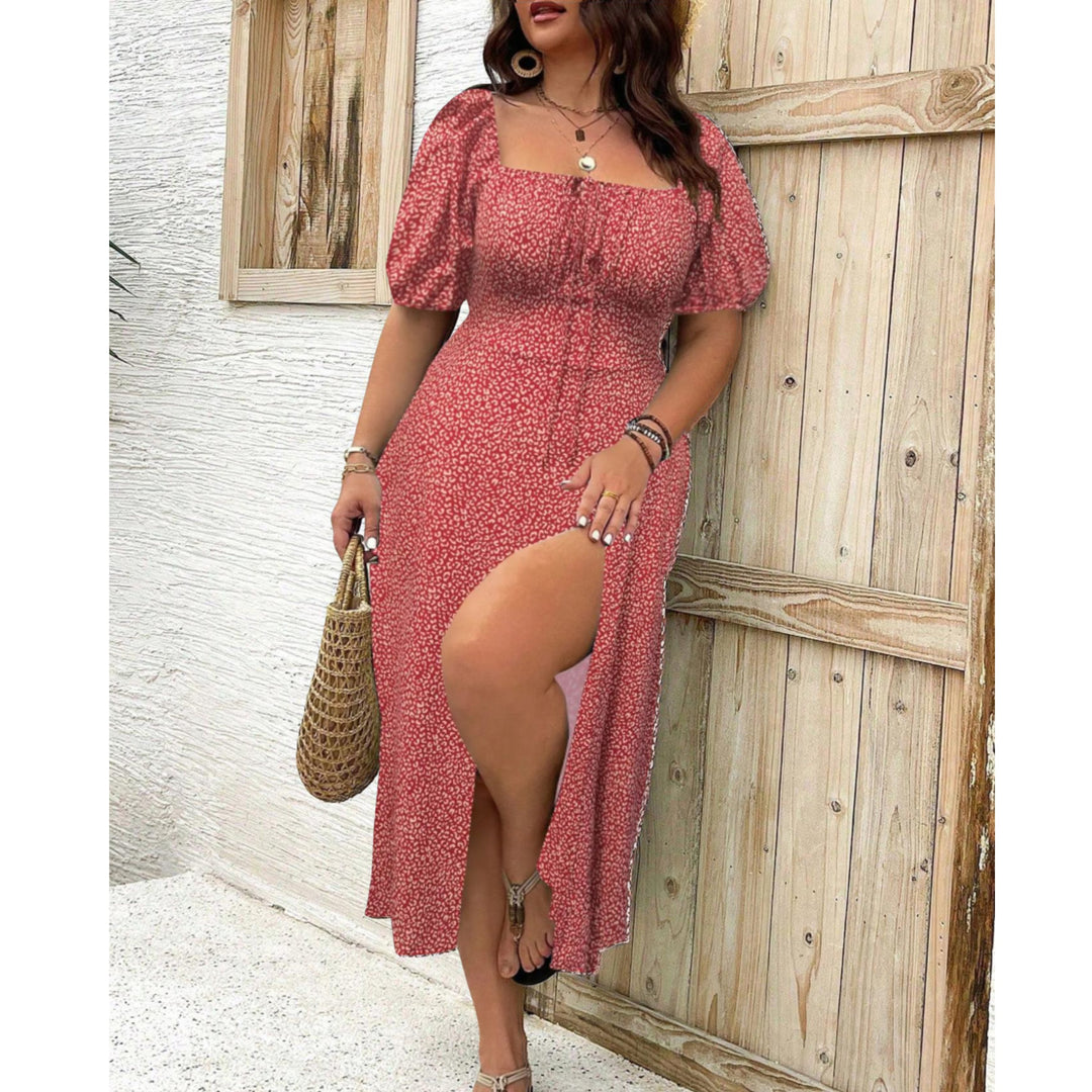Plus Size Maxi Kjole Pufærmer Elegant Selskabskjole - Red