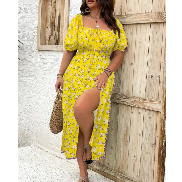 Plus Size Maxi Kjole Pufærmer Elegant Selskabskjole - Yellow