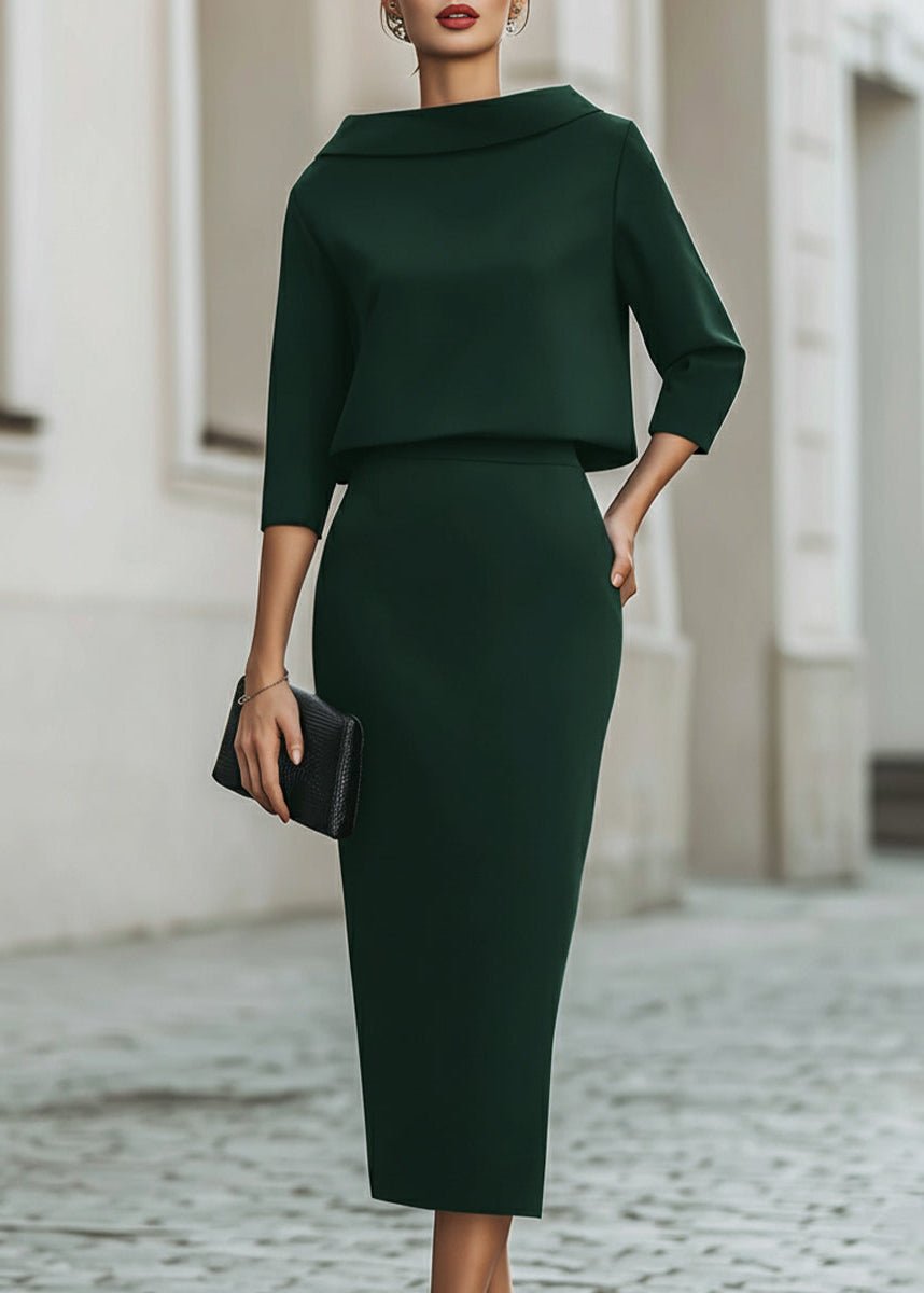 Todelts Sæt Bådhals Top og Midi Nederdel - Emerald Green