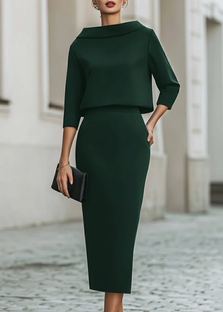 Todelts Sæt Bådhals Top og Midi Nederdel - Emerald Green