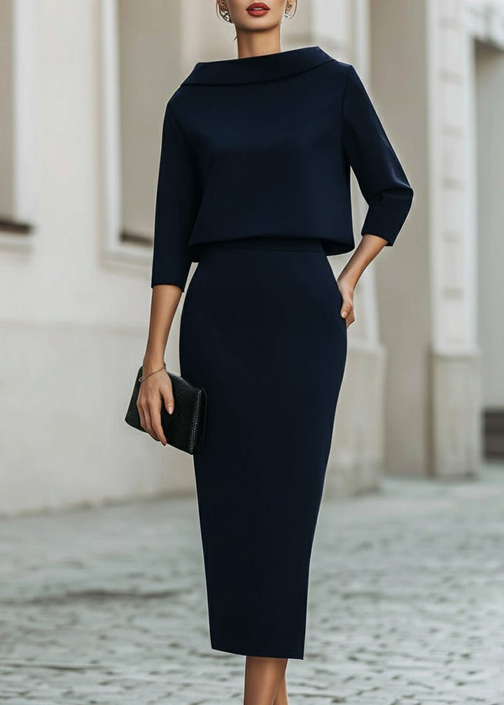 Todelts Sæt Bådhals Top og Midi Nederdel - Navy Blue