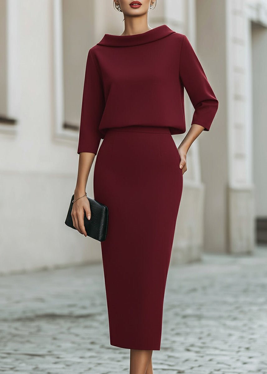 Todelts Sæt Bådhals Top og Midi Nederdel - Burgundy