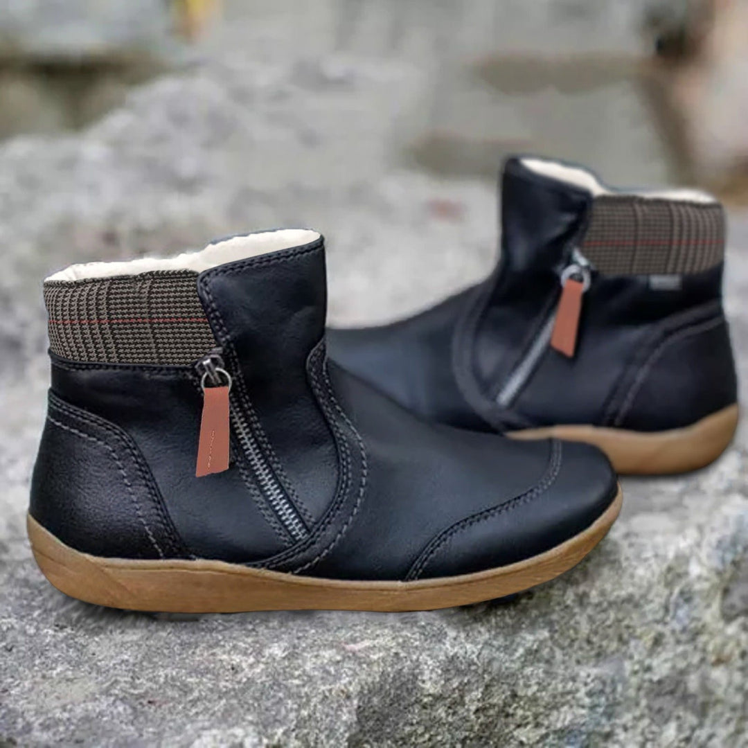 Waterproof Støvler Dame Læder Ankel Sko Med Lynlås - Black
