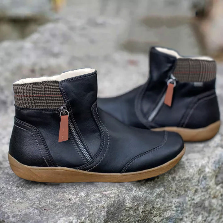 Waterproof Støvler Dame Læder Ankel Sko Med Lynlås - Black
