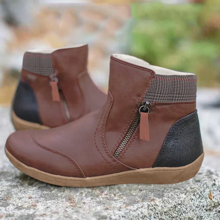 Waterproof Støvler Dame Læder Ankel Sko Med Lynlås - Brown