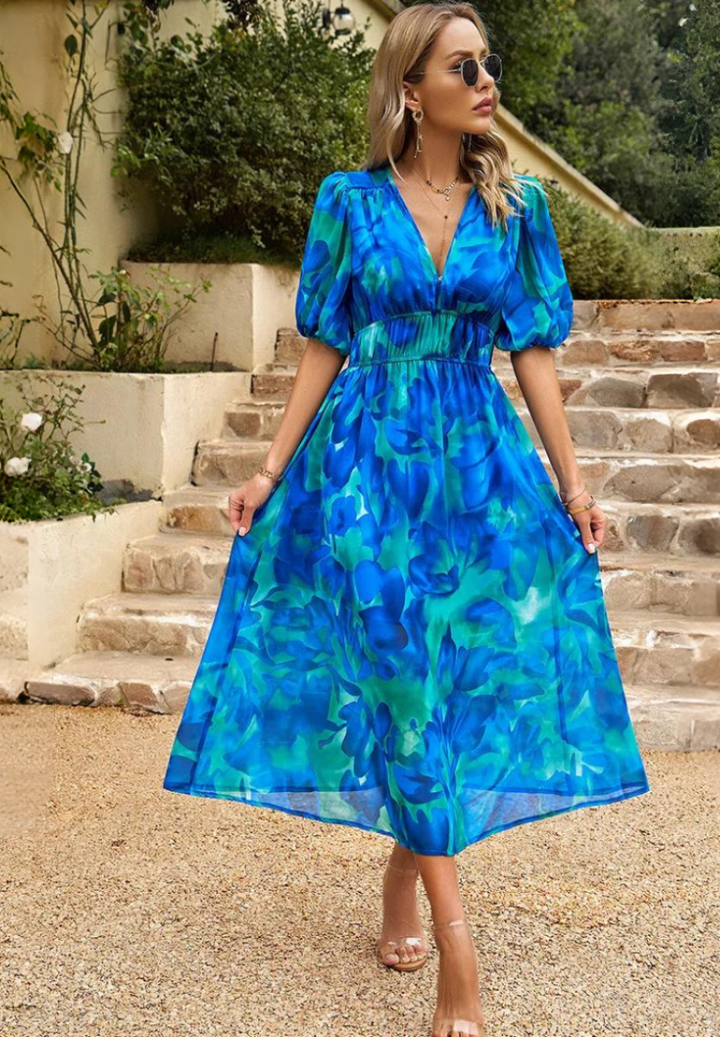 Benedikte | Dame Blomster V-Hals Midi Kjole Til Bryllupsgæst
